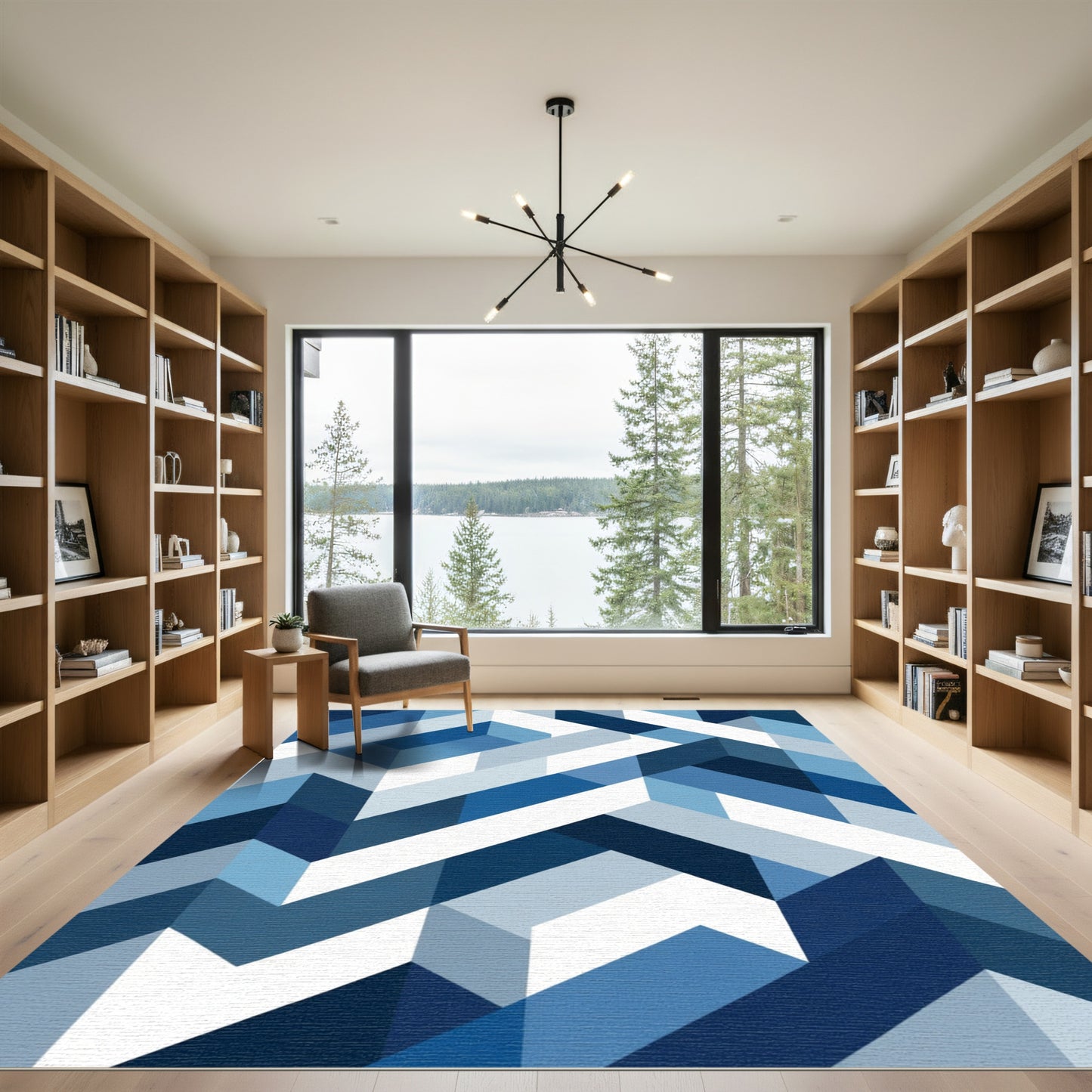 Modern Blue Geometric Herringbone Rug
