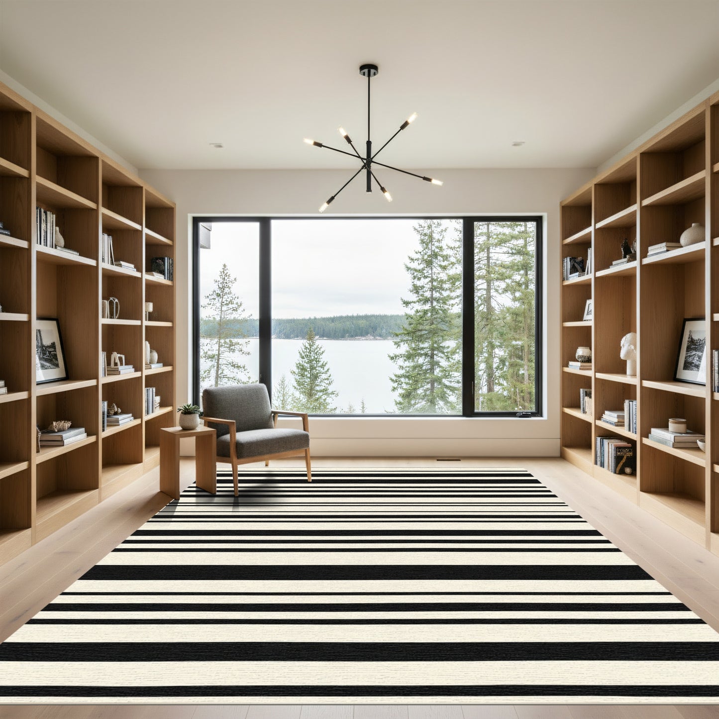 Alternating Cream Black Linear Bands Rug