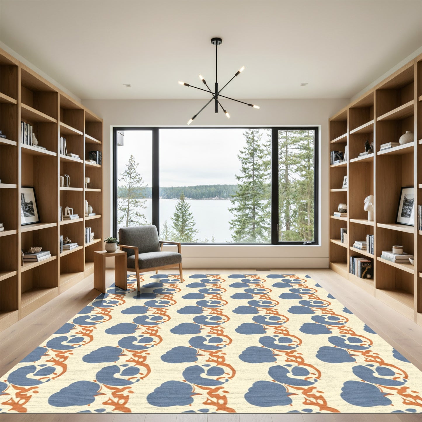 Blue Orange Vertical Blooming Vine Rug