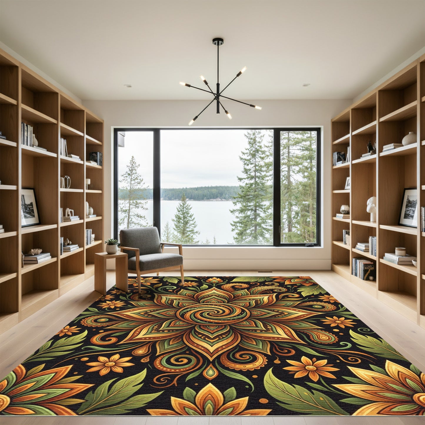 Golden Foliage Swirl Floral Mandala Rug