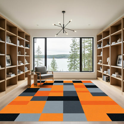 Orange Gray Black Geometric Blocks Rug