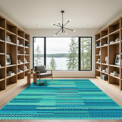 Teal Blue Textured Geometric Stripe Rug