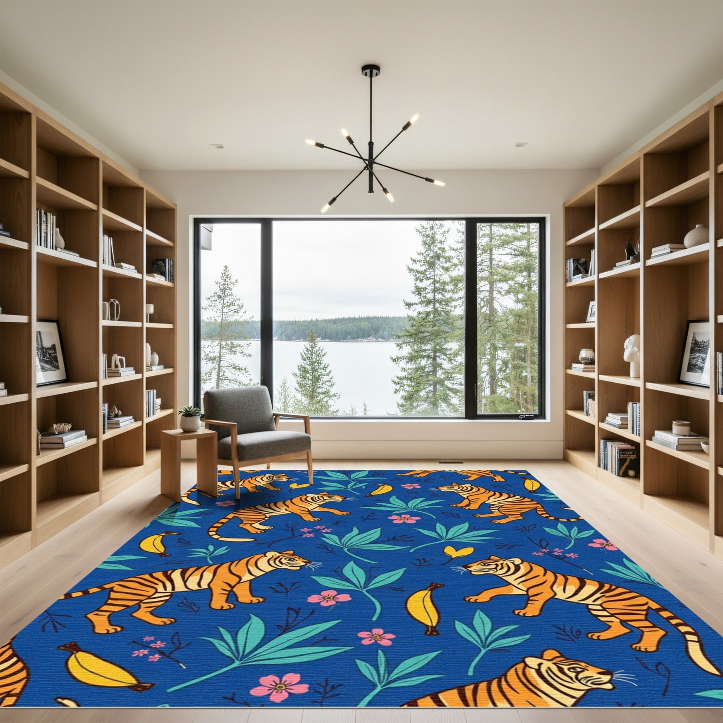 Jungle Tigers Pink Flowers Blue Background Rug