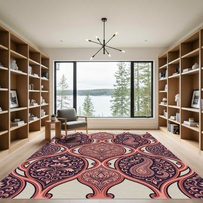 Elegant Damask Paisley Blush Navy Scroll Rug