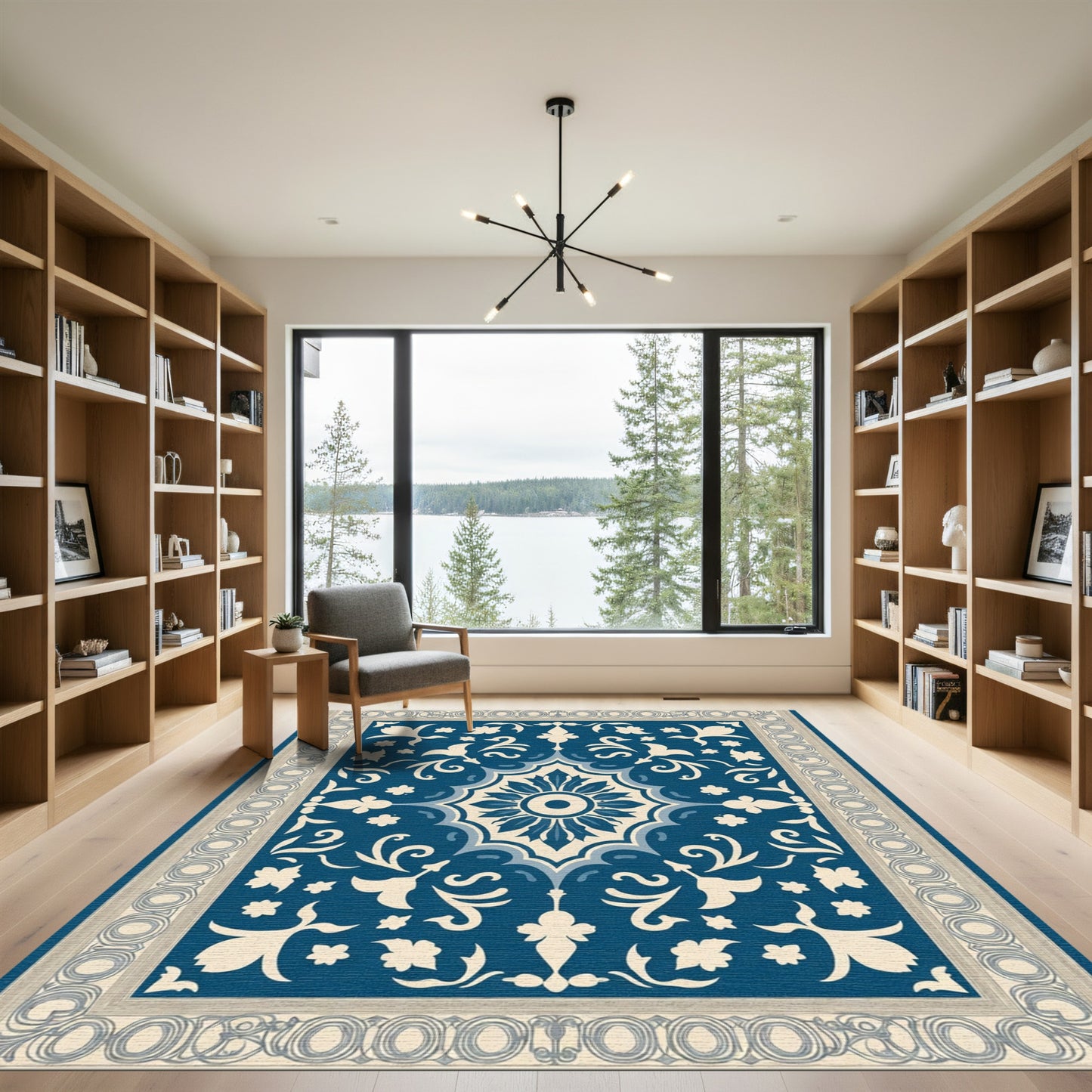 Ornate Cobalt Bloom Within Border Rug