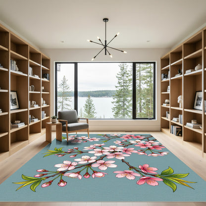 Pink Cherry Blossom Branches Teal Background Rug