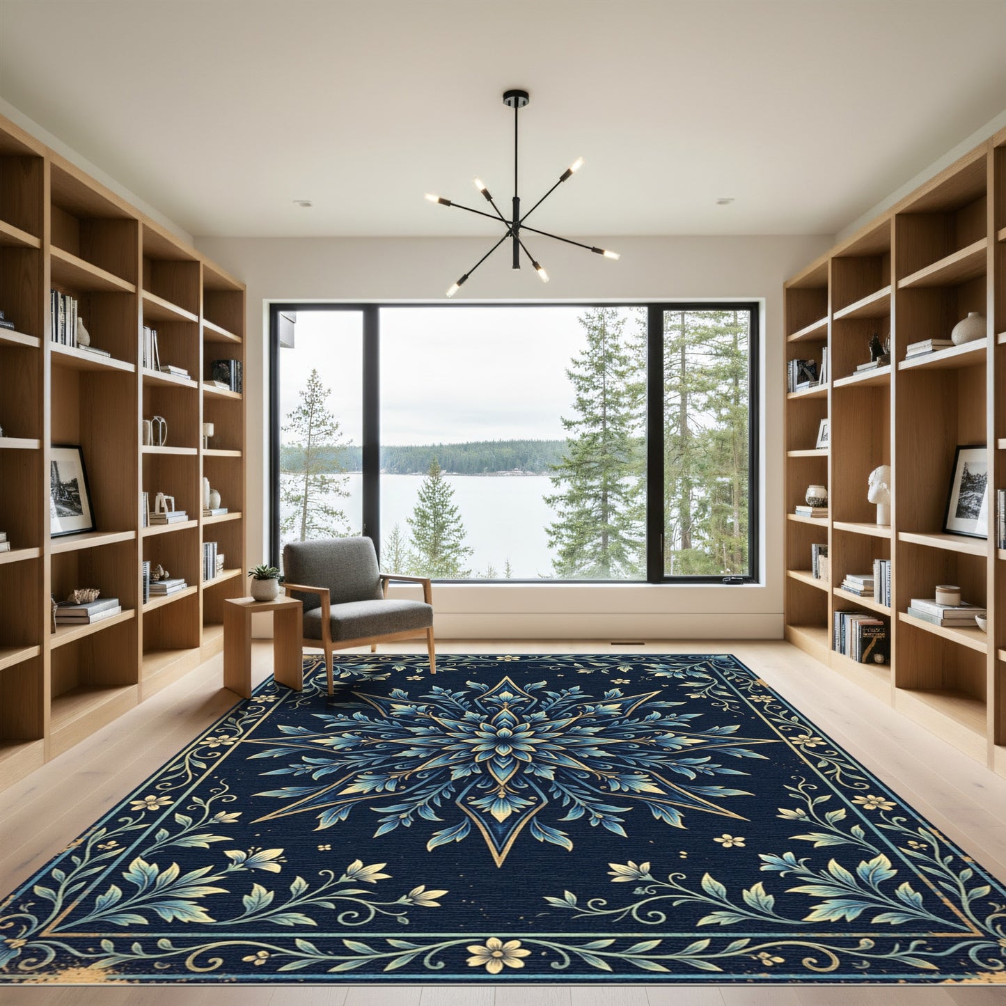 Elegant Midnight Blue Floral Star Rug