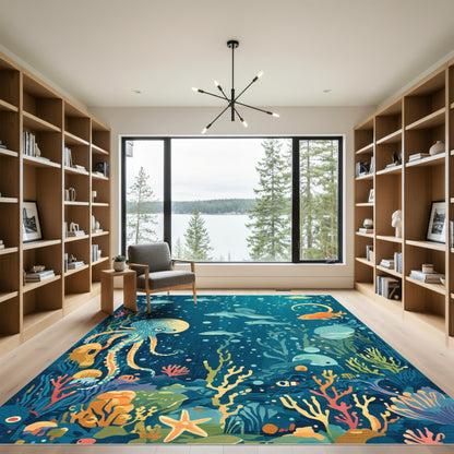 Playful Ocean Life Octopus Marine Scene Rug