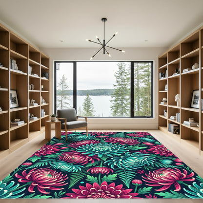 Vibrant Teal and Magenta Chrysanthemum Floral Bouquet Rug