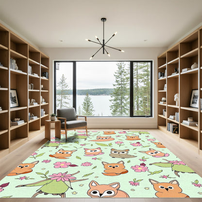 Whimsical Forest Creatures Pink Flowers Jade Background Rug