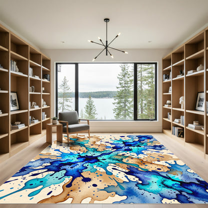 Vibrant Blue Ink Splash Abstract Art Rug