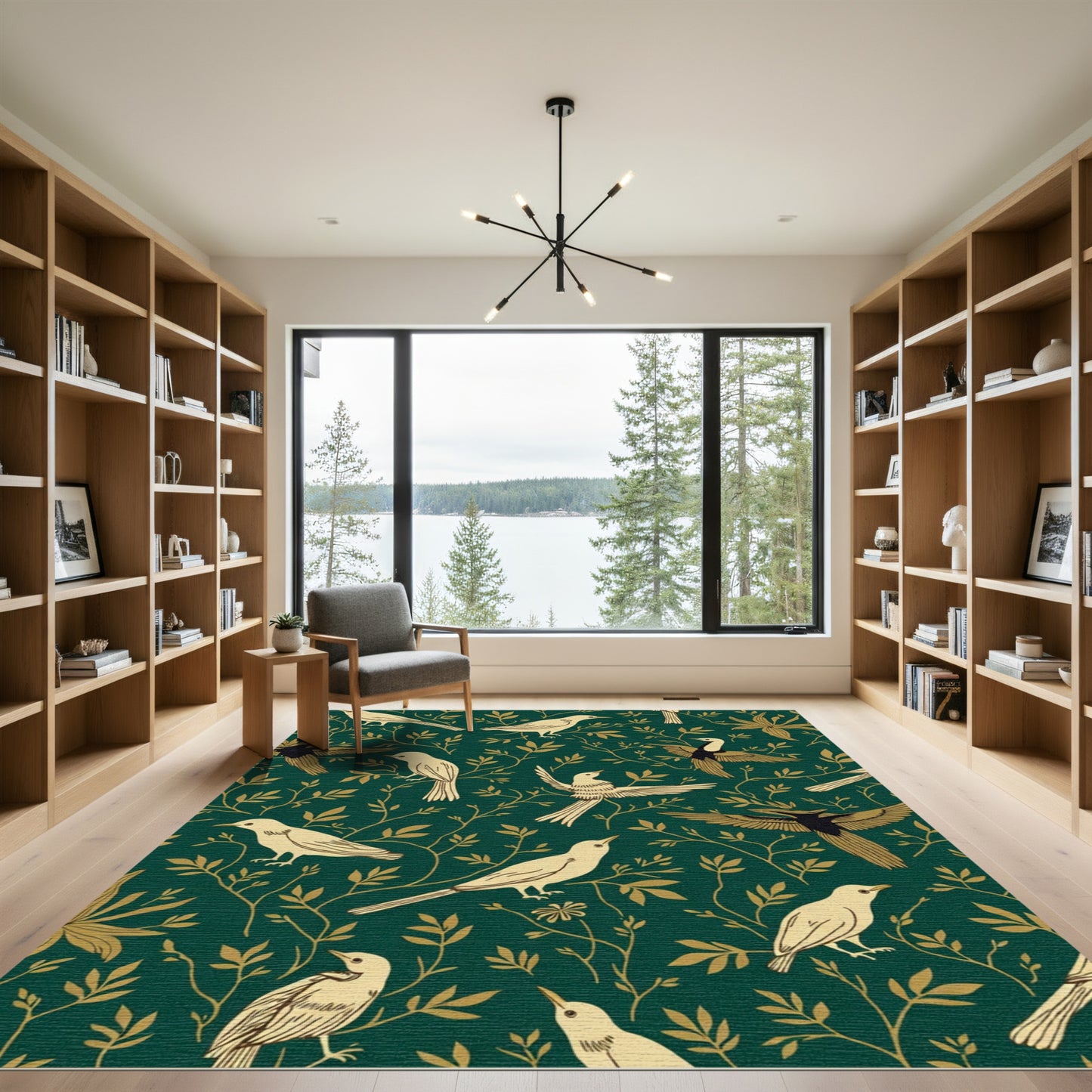 Emerald Green Golden Bird Art Rug