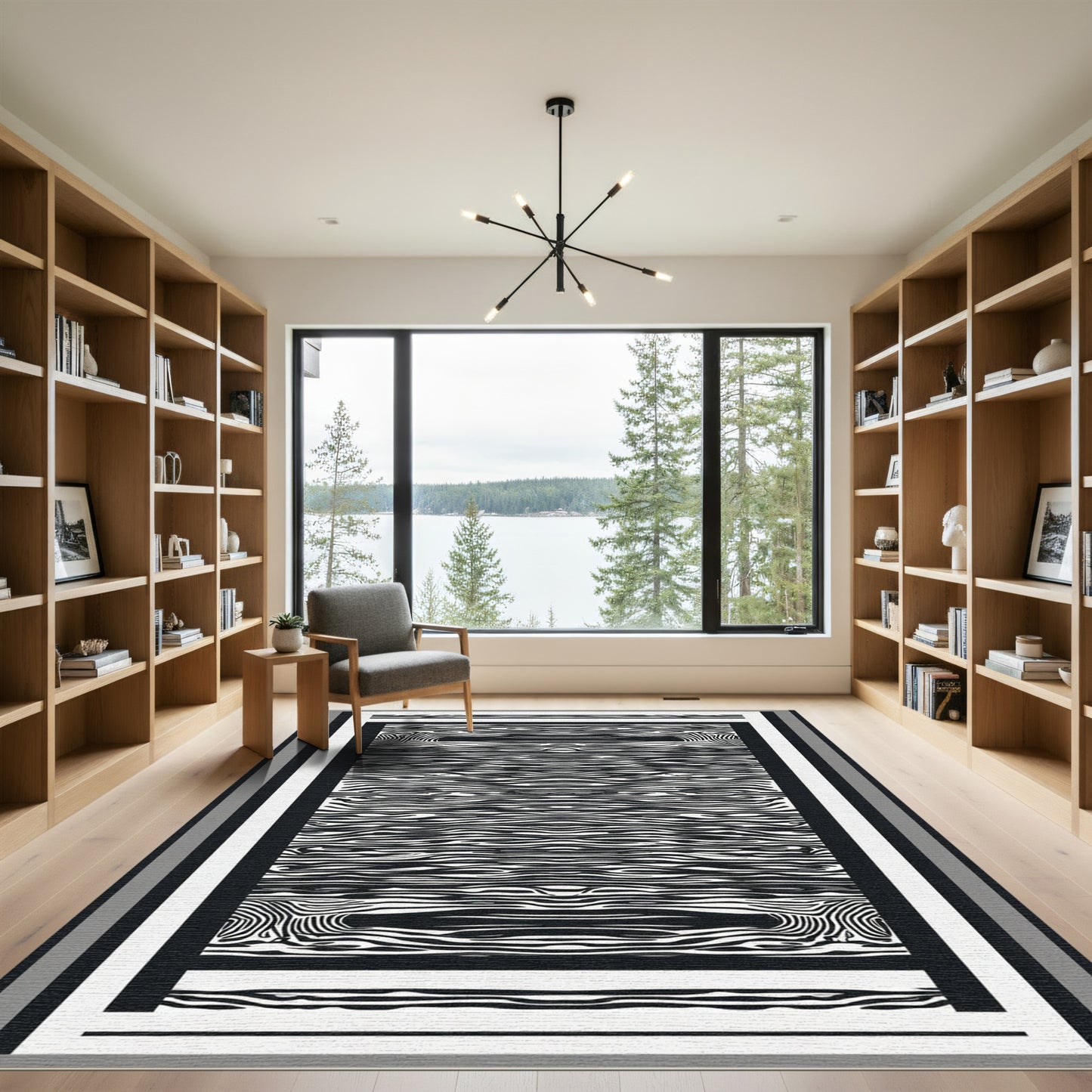 Abstract Black White Wood Grain Rectangles Rug