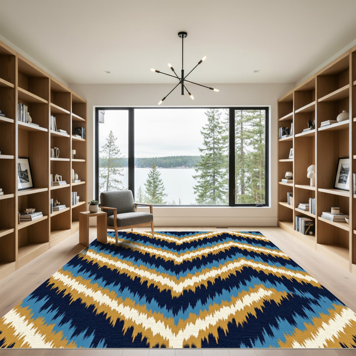 Navy Blue Golden Chevron Ikat Wave Rug