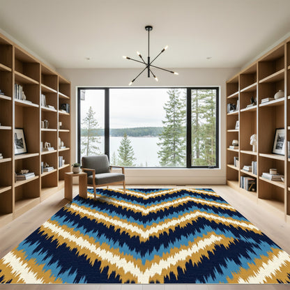 Navy Blue Golden Chevron Ikat Wave Rug