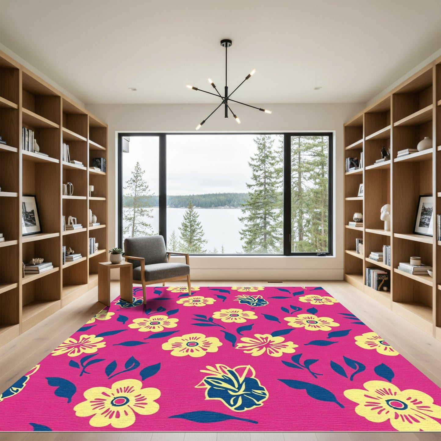 Cerulean Blue Yellow Floral Spray Rug