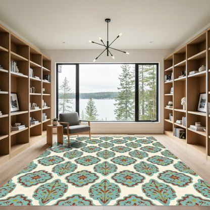 Teal Red Floral Medallion Repeating Layout Rug