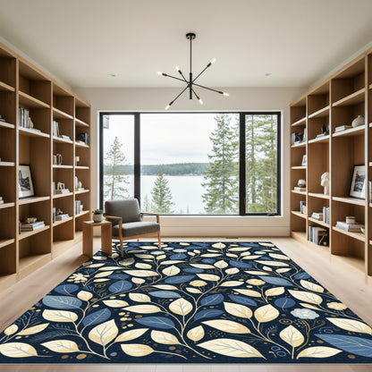 Navy Blue Cream Leafy Vine Rug