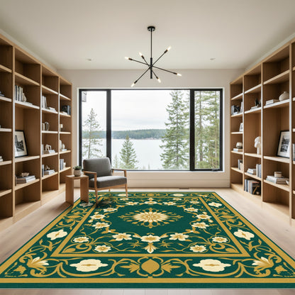 Deep Emerald Floral Medallion Swirl Rug