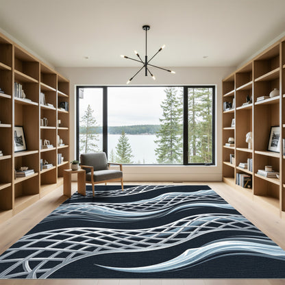 Modern Silver Metal Mesh Wave Rug