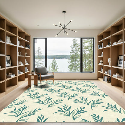 Teal Leafy Branches Cream Background Rug