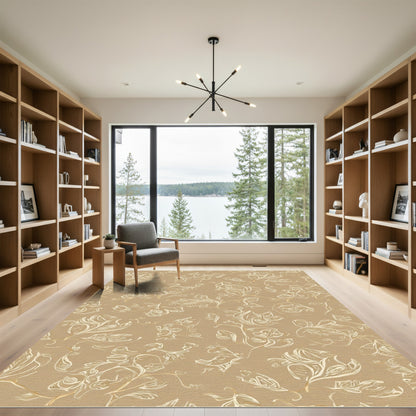 Tan Floral Sketch Overlay Rug