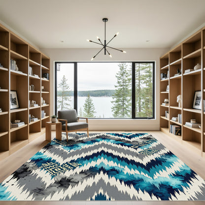 Teal and Grey Abstract Chevron Ikat Rug