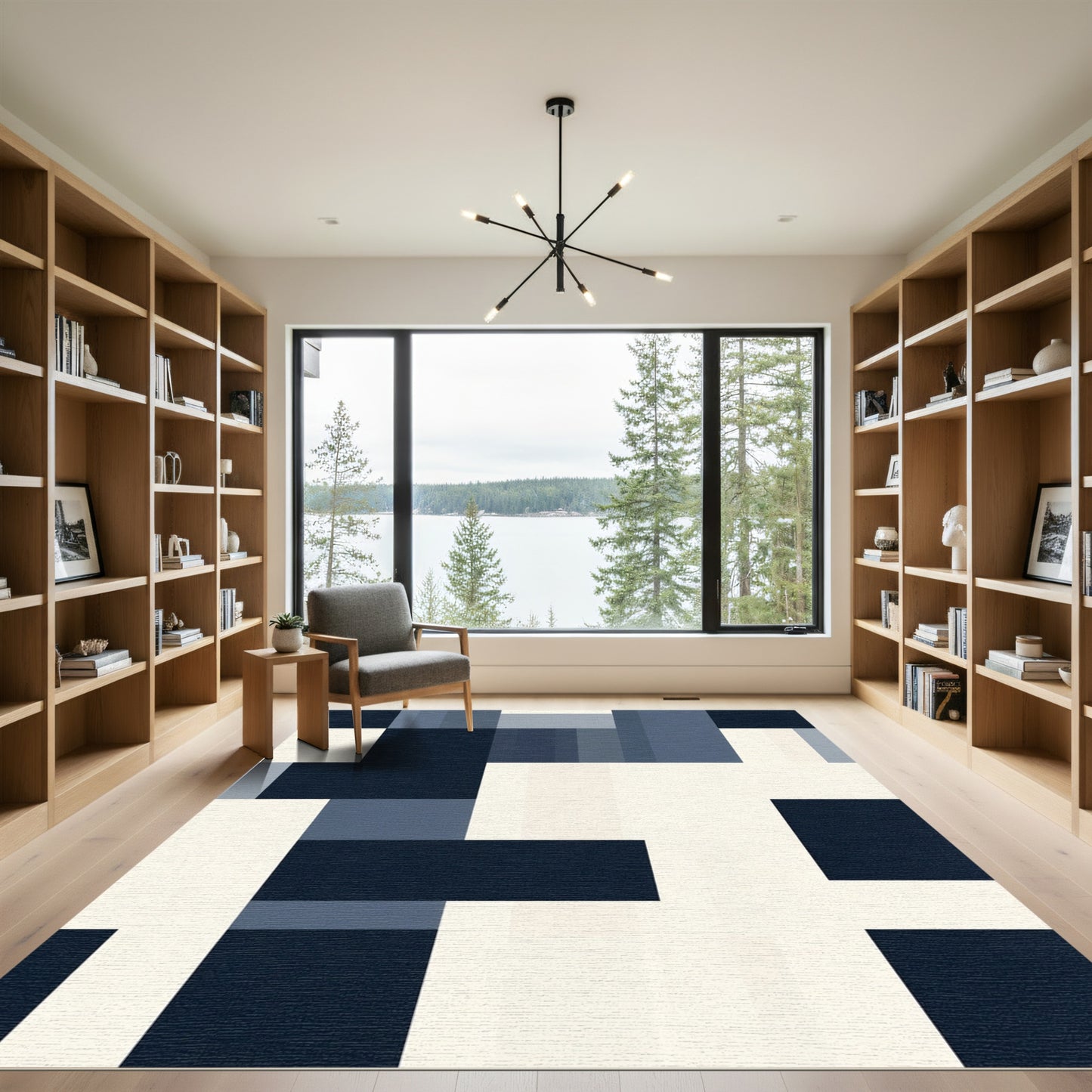 Modern Navy Blue Geometric Block Rug