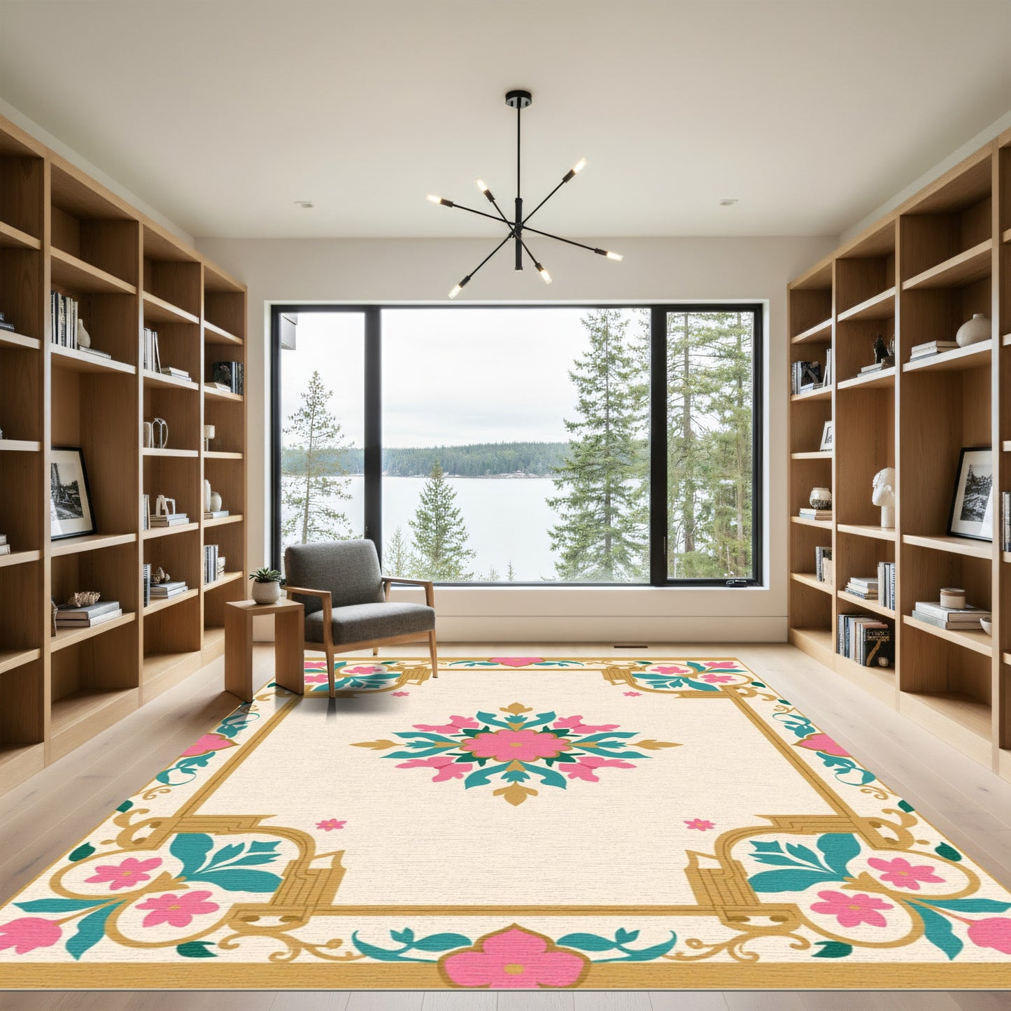 Golden Pink Teal Floral Medallion Border Rug