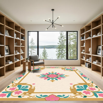Golden Pink Teal Floral Medallion Border Rug