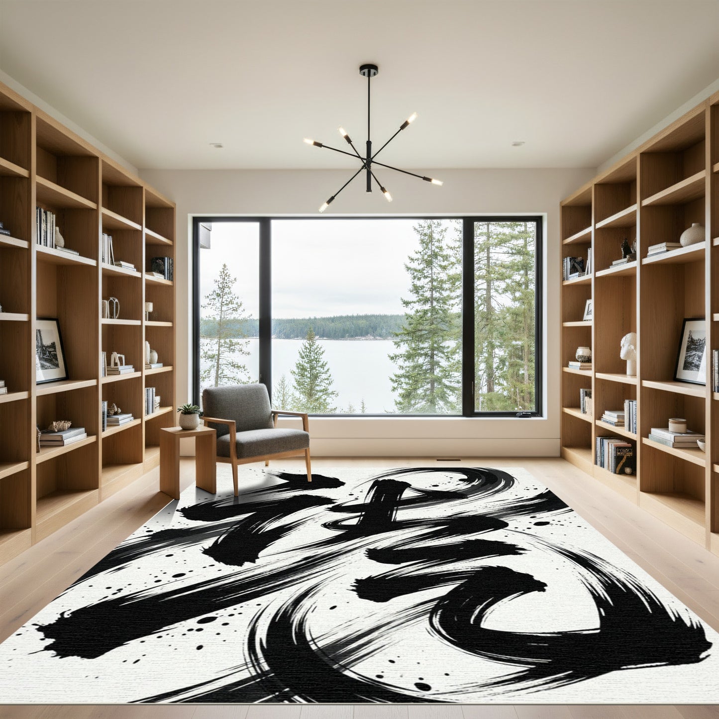 Bold Black Ink Tiger Calligraphy Rug