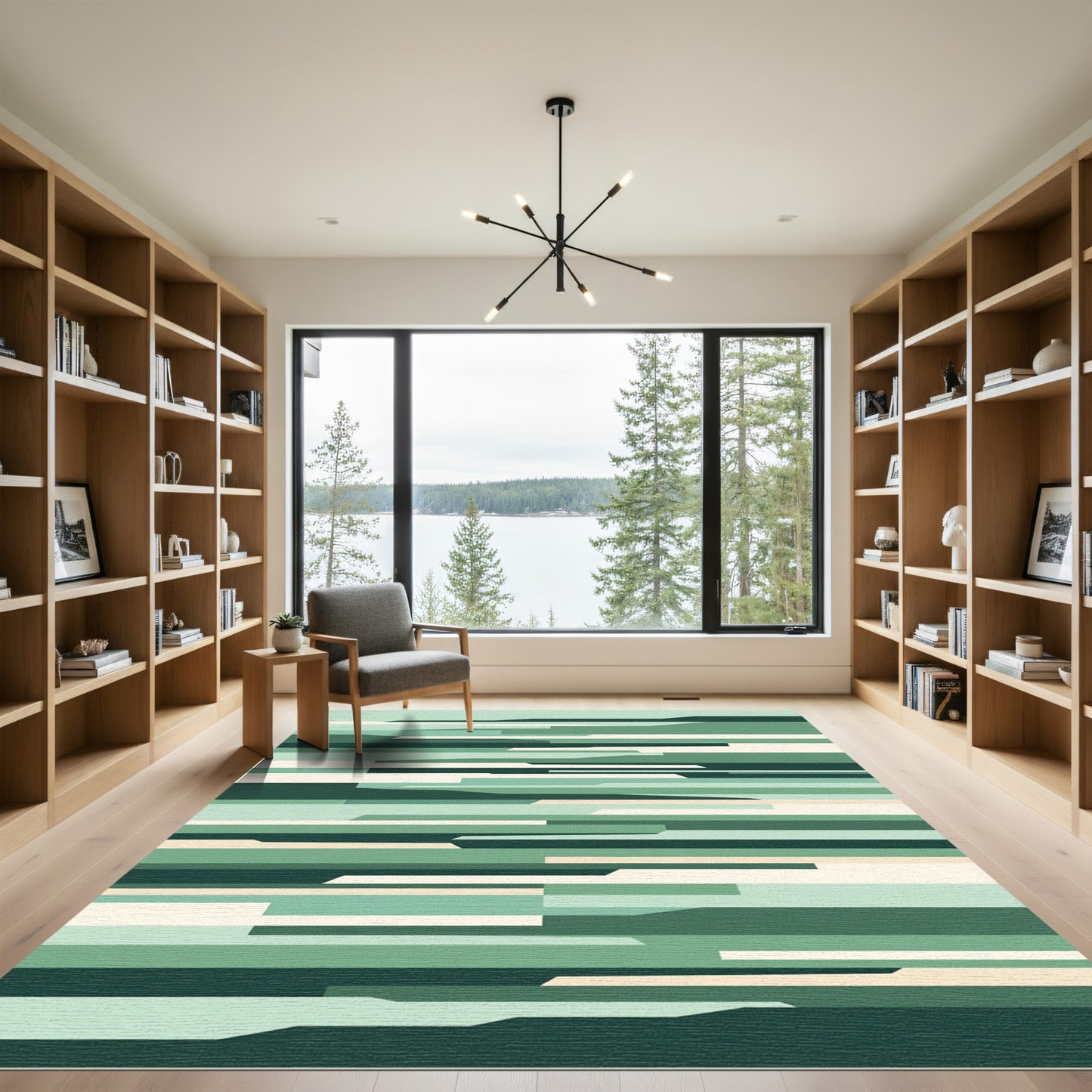 Abstract Horizontal Green Layered Shapes Rug