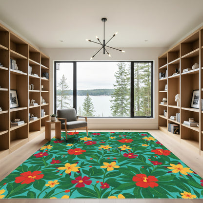 Vibrant Red Yellow Tropical Hibiscus Rug