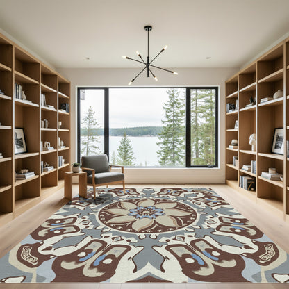 Brown Blue Mandala Sunburst Rug
