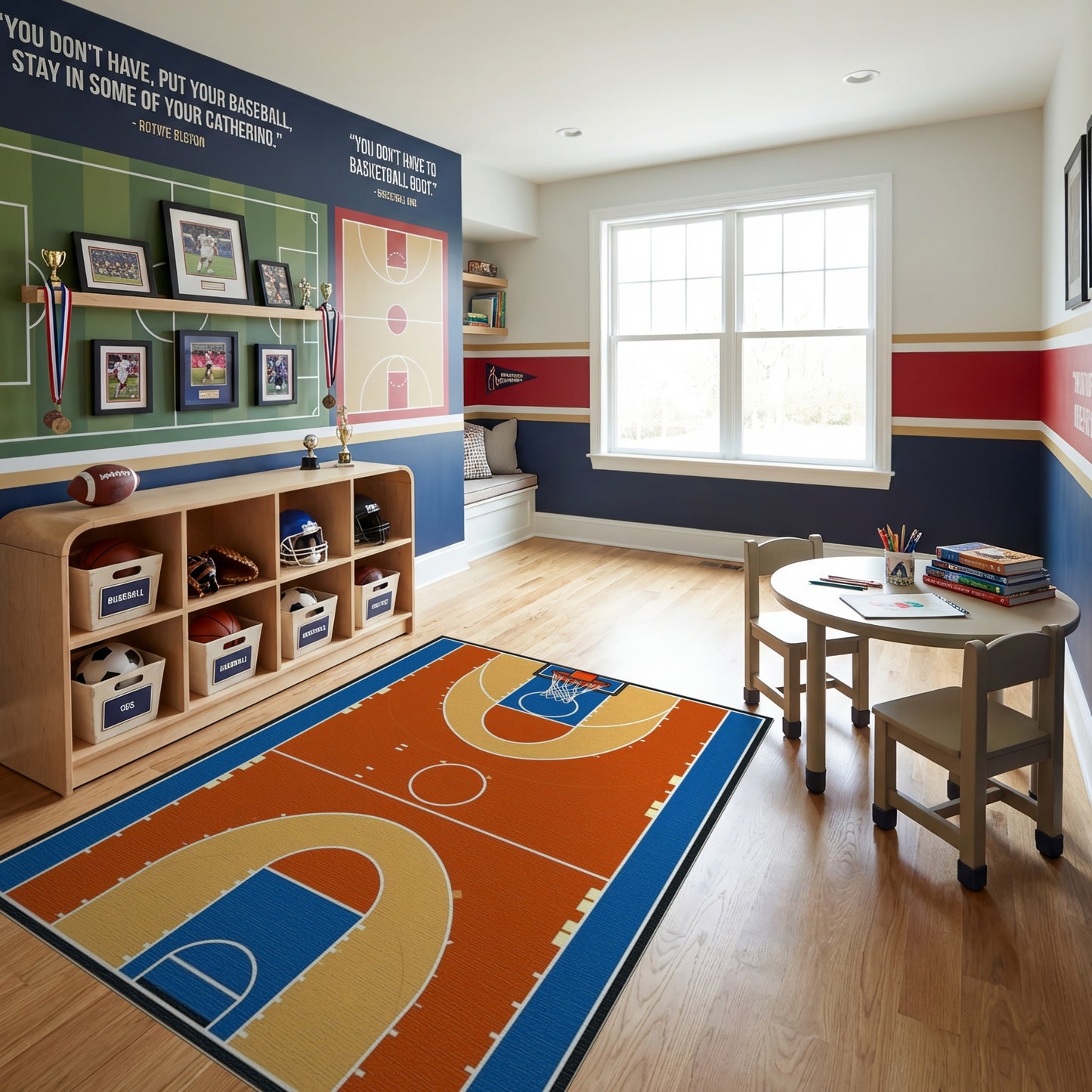 Blue and Orange Basketball Court Rug