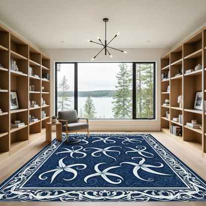 Naval White Starbursts Swirls Border Rug