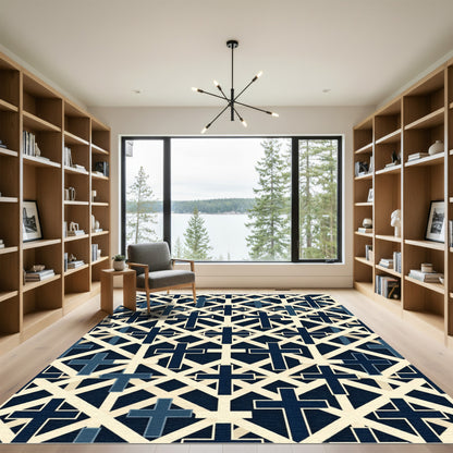 Navy Cross Lattice Geometric Grid Rug