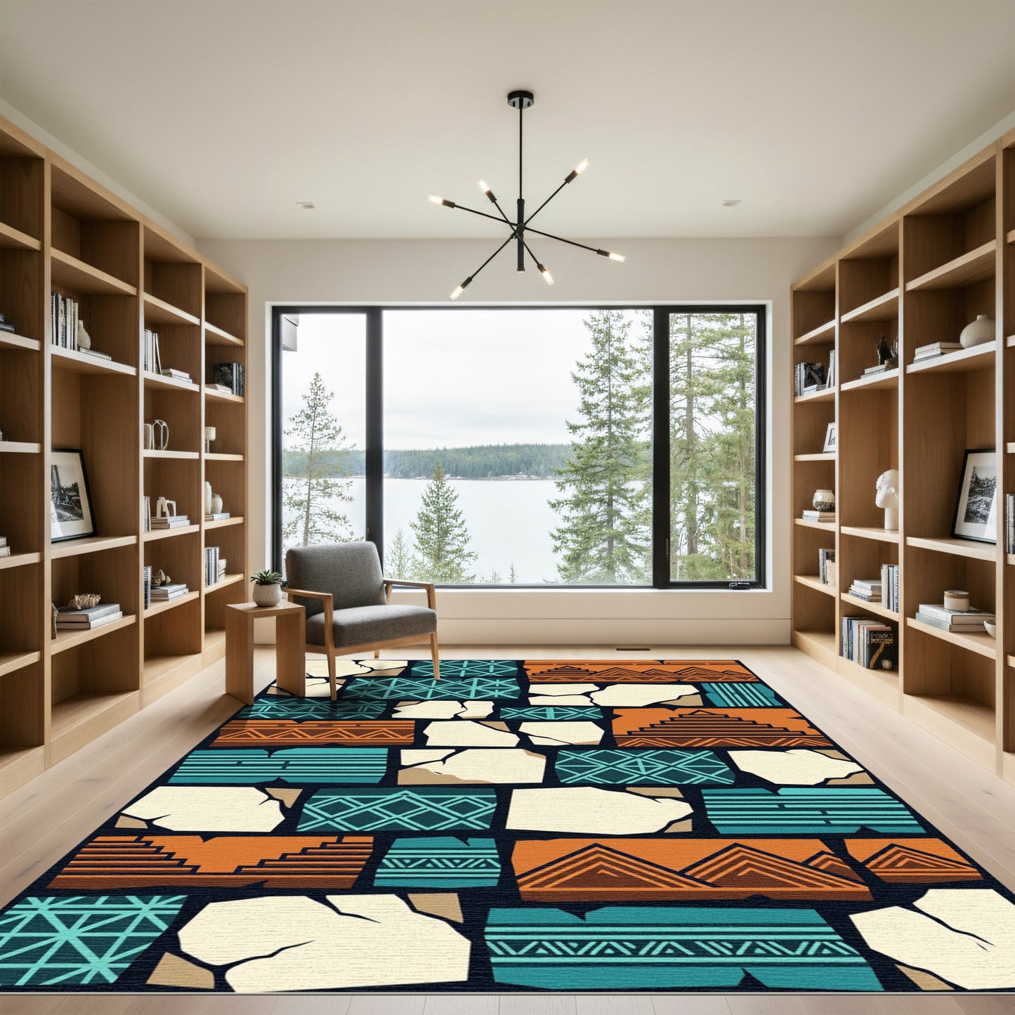 Geometric Terracotta and Teal Aztec Mosaic Rug