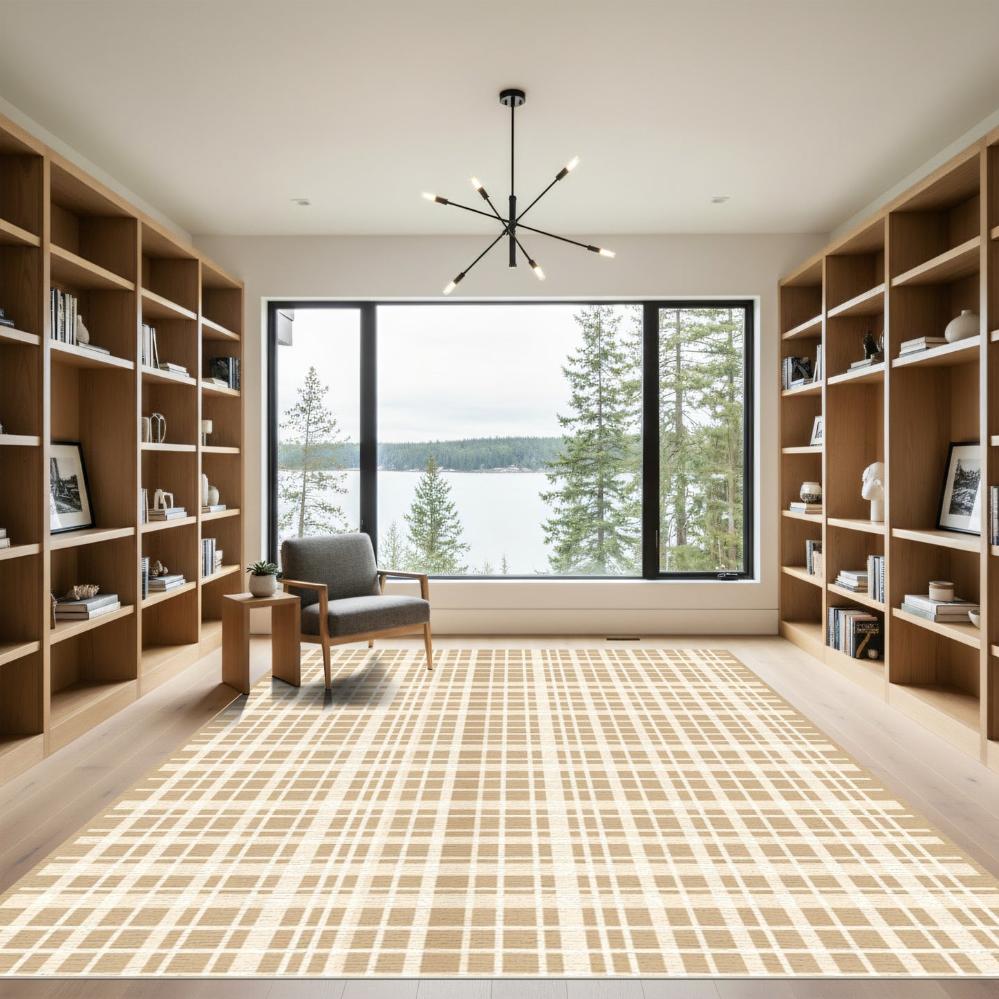 Earthy Beige Tan Plaid Fabric Rug