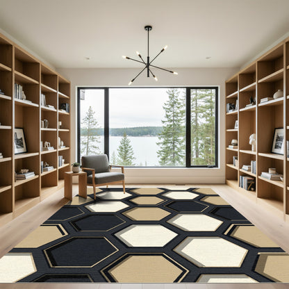 Geometric Hexagon Black Beige Cream Rug