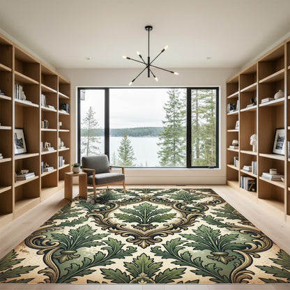Vintage Green Acanthus Damask Scroll Rug