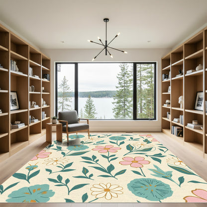 Whimsical Floral Garden Pink Blue Rug
