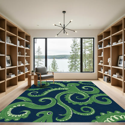 Whimsical Green Octopus Navy Swirl Rug