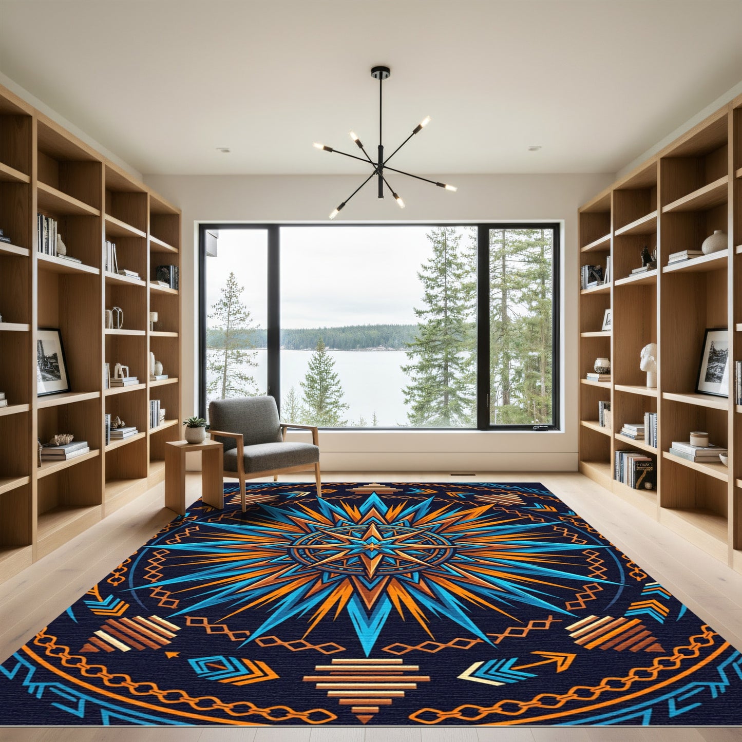 Radiant Orange and Azure Celestial Medallion Rug