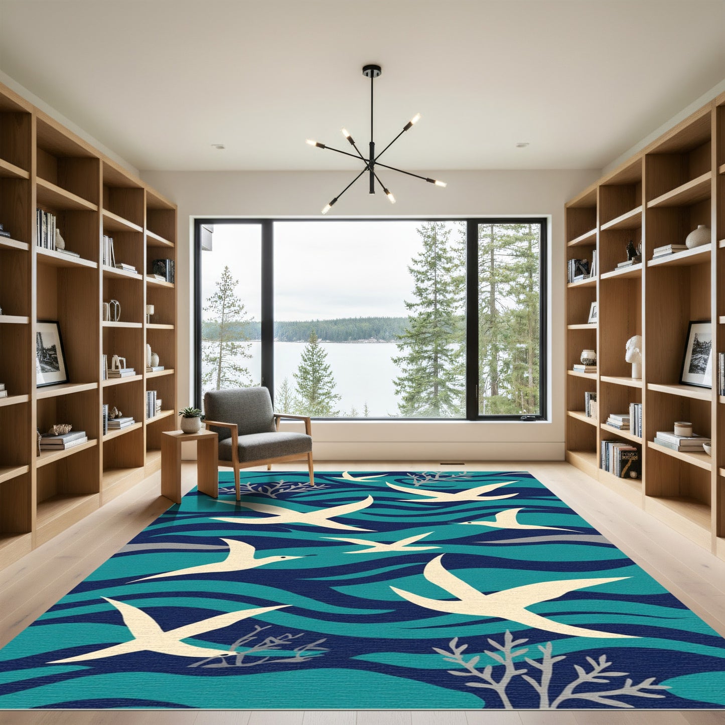 Cream Birds Over Deep Blue Waves Rug