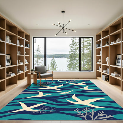 Cream Birds Over Deep Blue Waves Rug