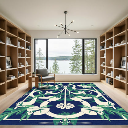 Deep Navy Green Leaf Scroll Rug