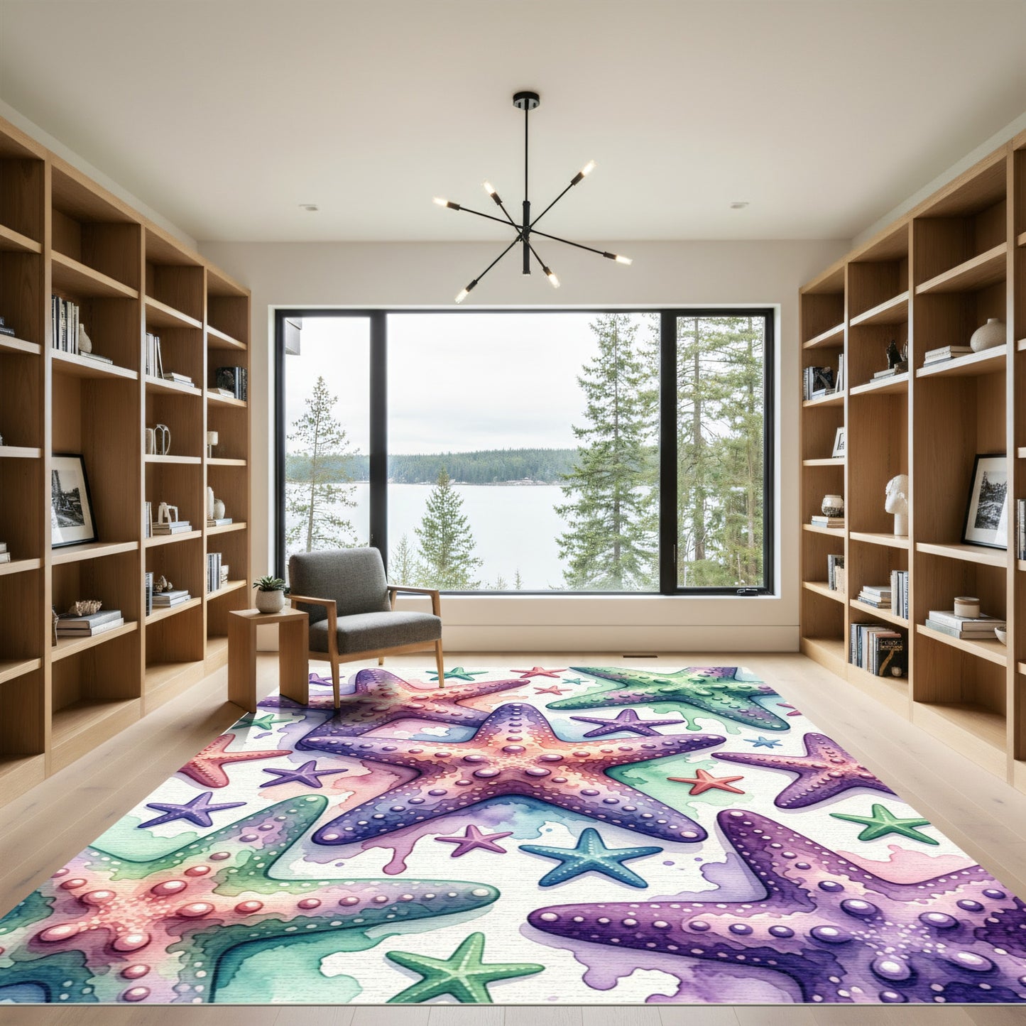 Watercolor Starfish Shoreline Coastal Art Rug