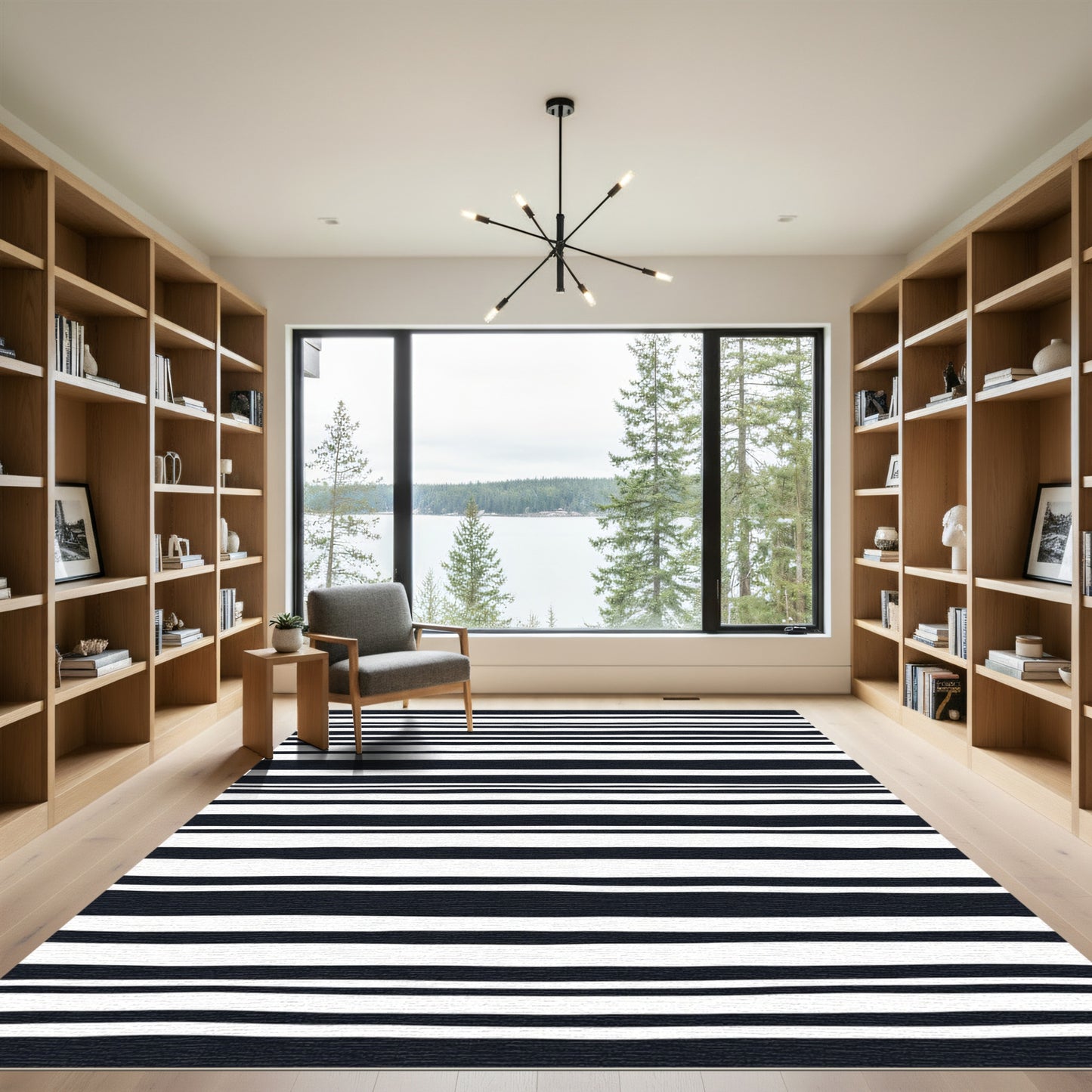 Bold Black White Uneven Stripe Rug