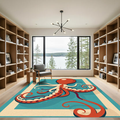 Retro Teal Orange Octopus Tentacles Rug
